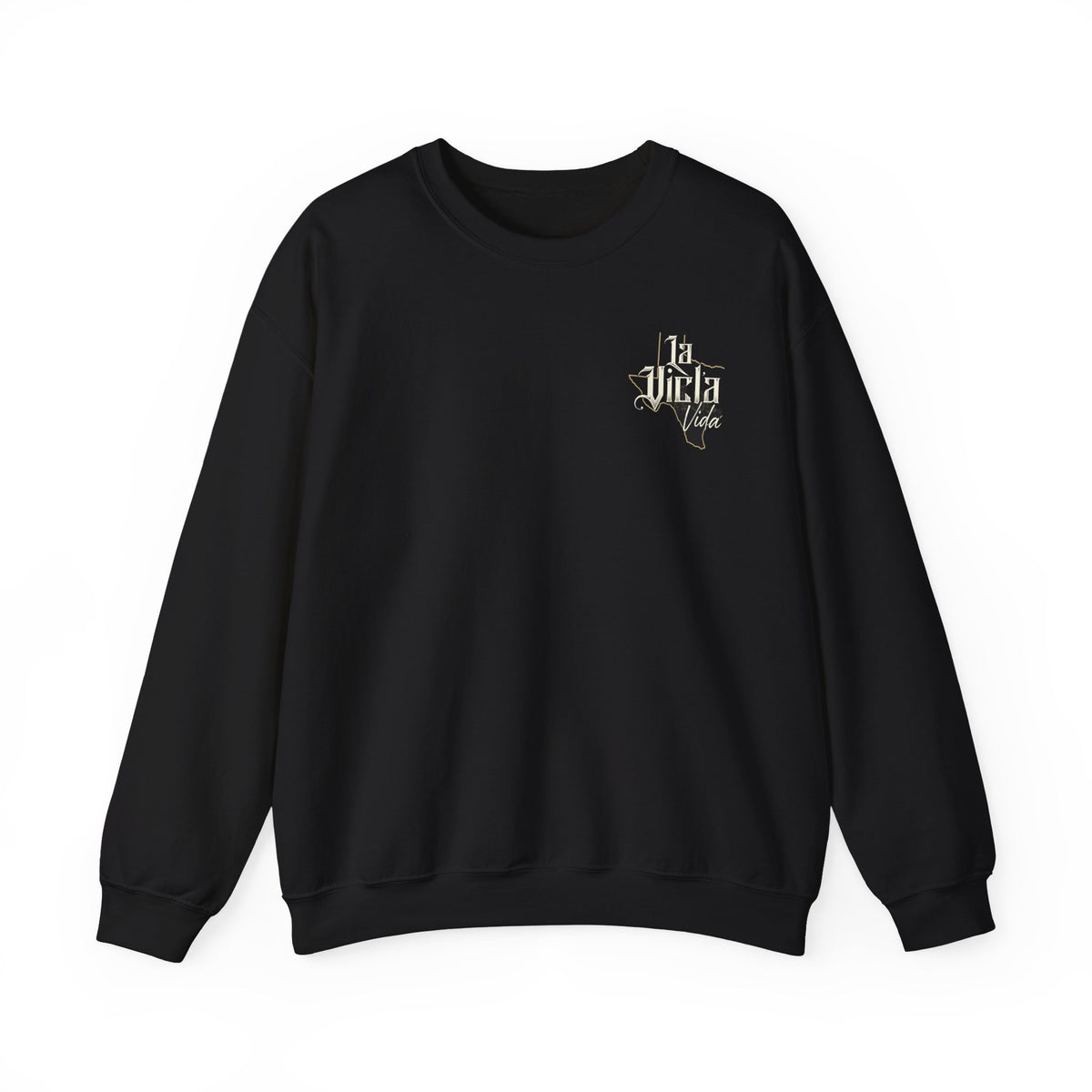 Front view of black Texas Vicla Vida crewneck sweatshirt