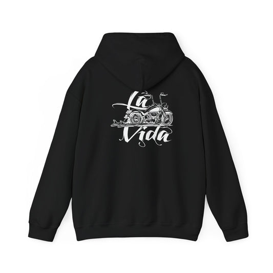 La Vida hoodie back with white motorcycle artwork