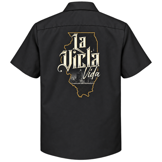 Chicago Vicla artwork on black work shirt back
