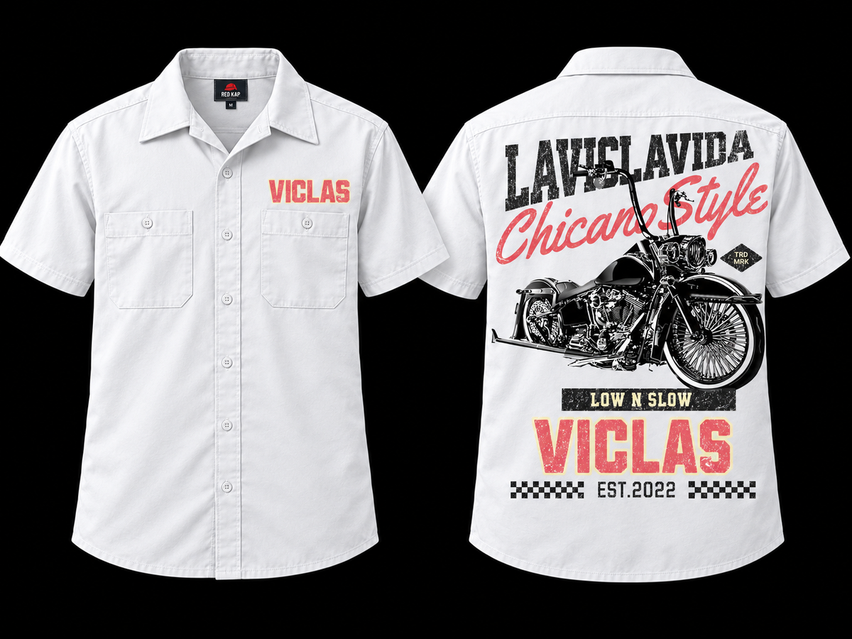 Chicano Style Work Shirt White Front and Back