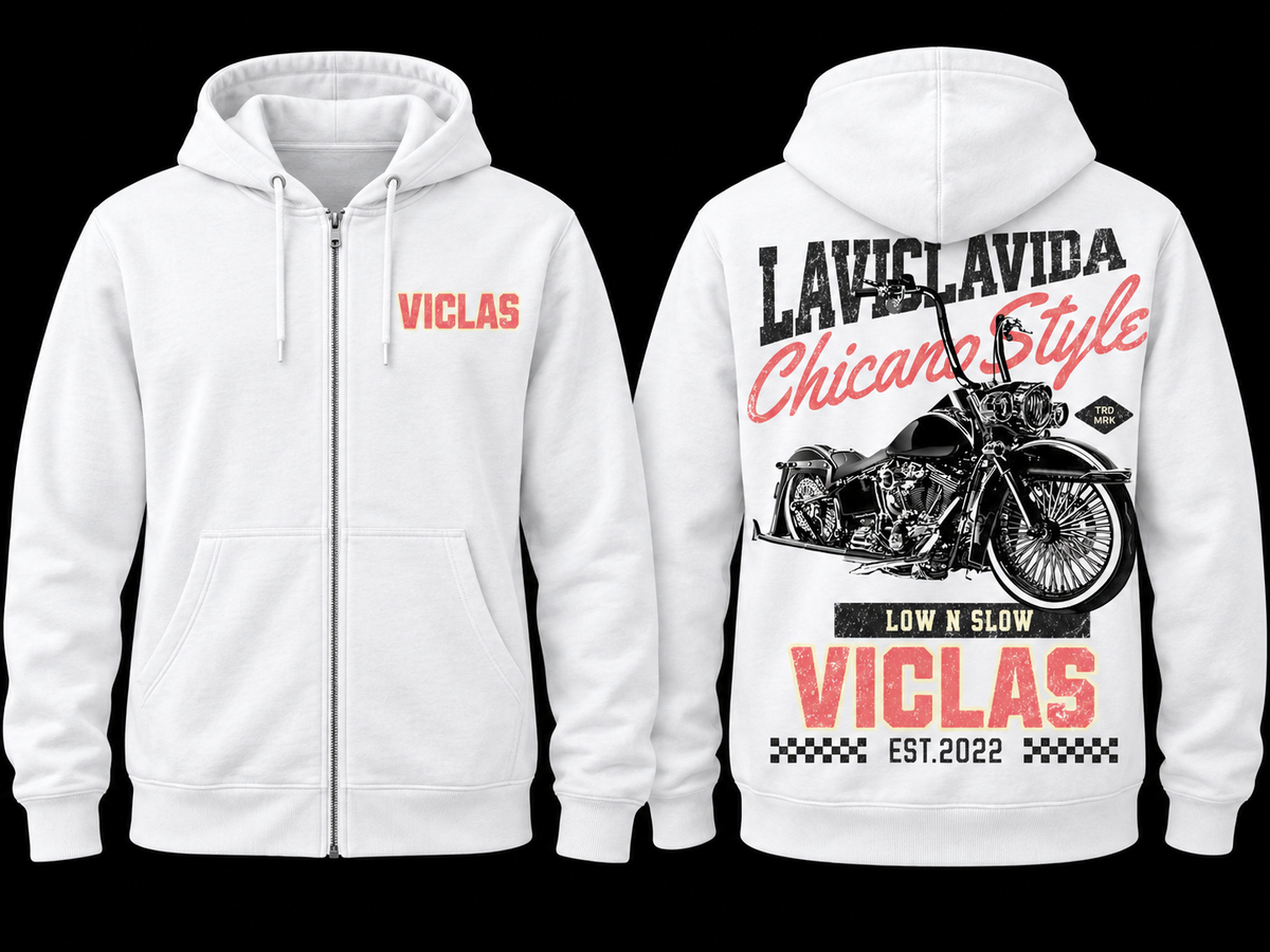 Chicano Style Zip Hoodie White Front and Back