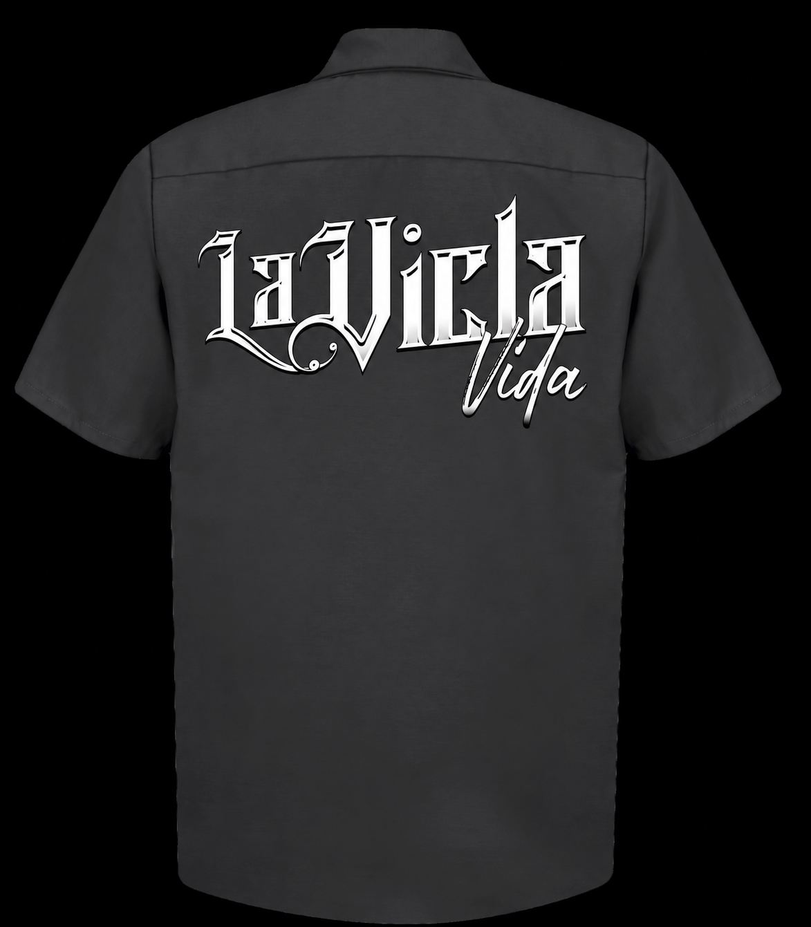 Black Red Kap work shirt back with white La Vicla Vida lettering, Style A