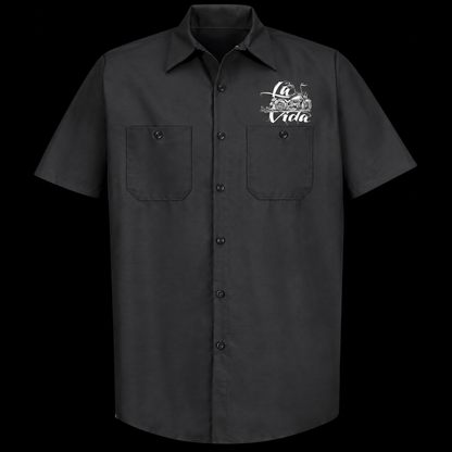 Black Red Kap work shirt front with white La Vida chest artwork