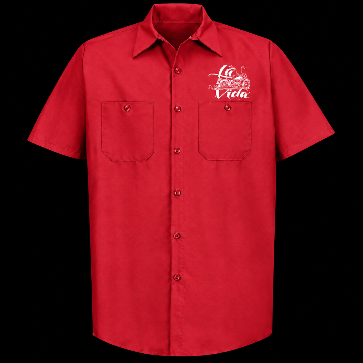 Red Red Kap work shirt front with white La Vida chest artwork