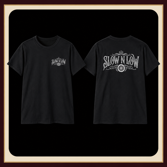 Slow N Low Tee, front and back mockup