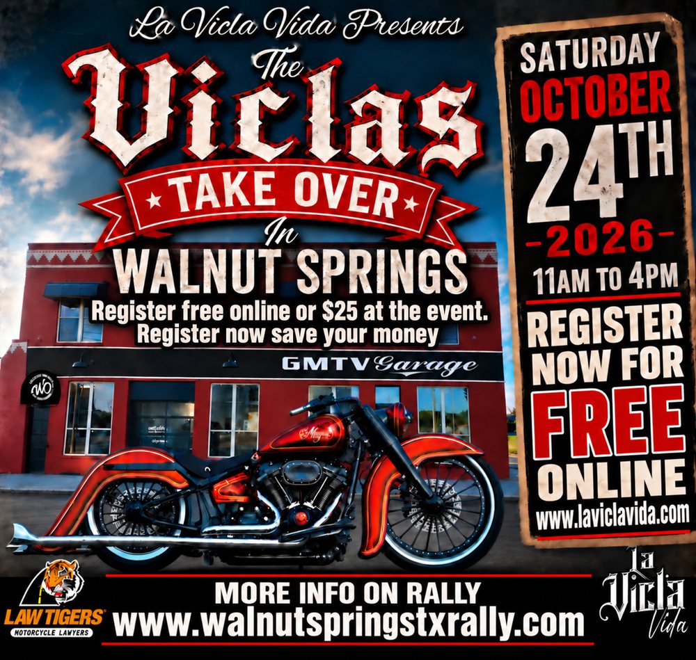 Flyer for The Viclas Take Over in Walnut Springs, Saturday October 24, 2026. Free online registration; more event information at WalnutSpringsTxRally.com.